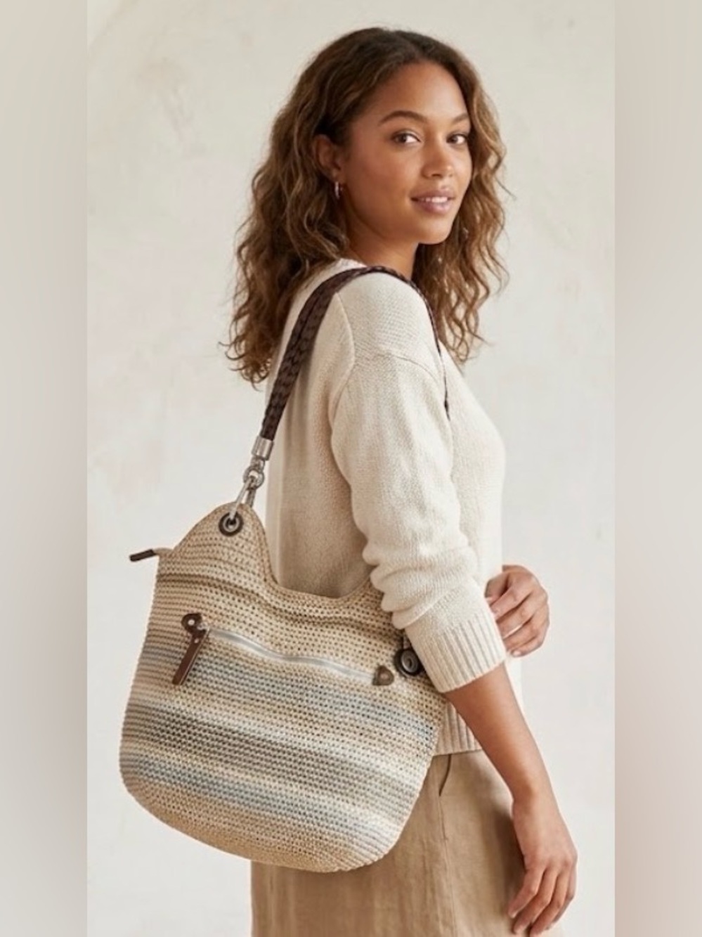 The Sak Crochet Striped Shoulder Bag, Braided Straps, Front Closure, 15x10x5.5